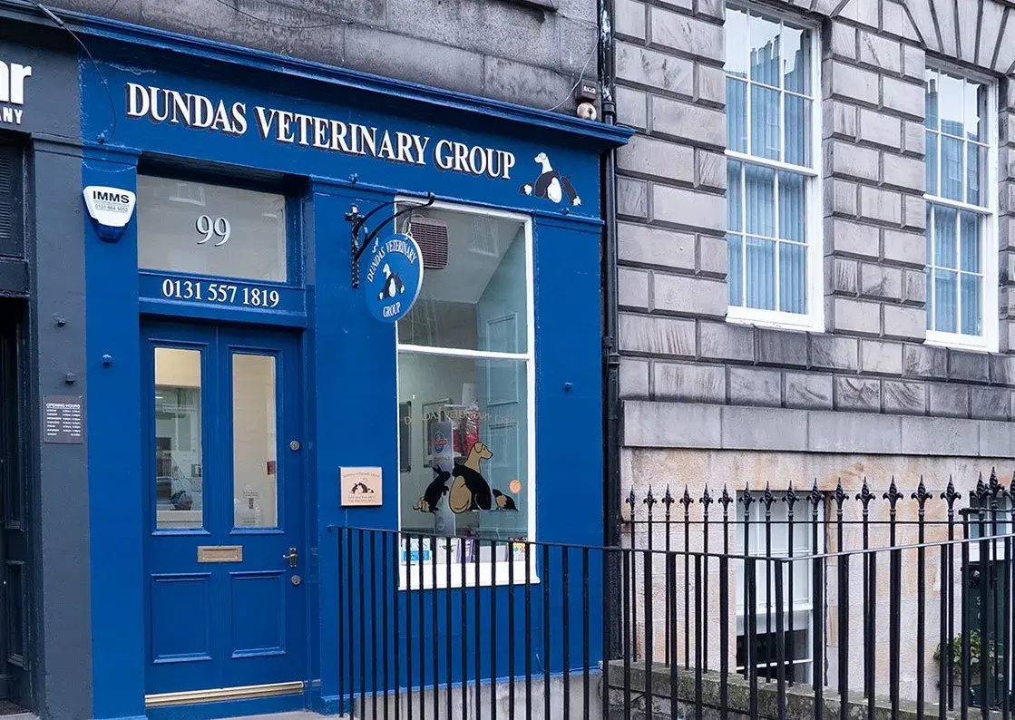 Blue storefront of Dundas Veterinary Group with a door, window, and sign in Edinburgh.